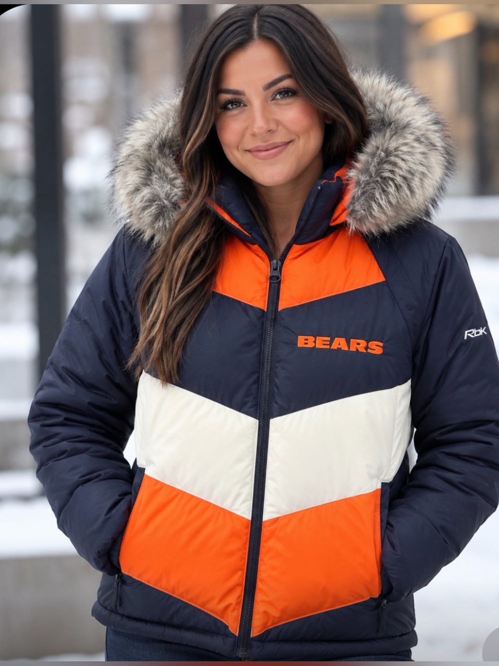 Reebok NFL Chicago Bears Convertible Puffer Jacket/Vest Faux Fur Hood.